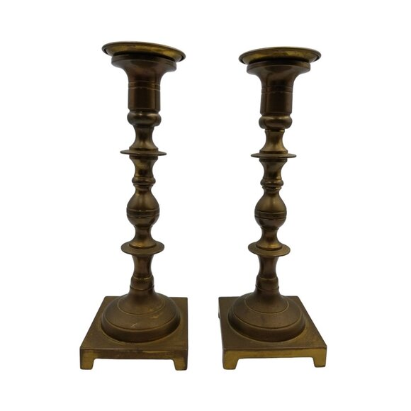 2 Brass Candlestick Holders Square Base Marked W Inc. Brass Plated Shabbat Cups - Picture 11 of 12